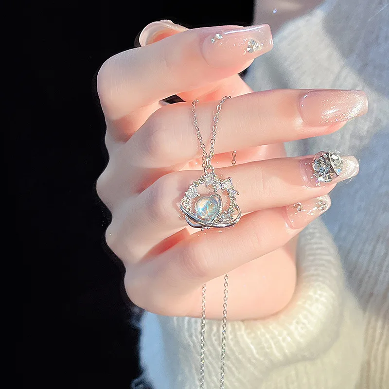 Stainless Steel White Gold Plated Universe Planet Star Pendant Necklace For Women Dainty Shiny Zircon Clavicle Chain Trendy Gift