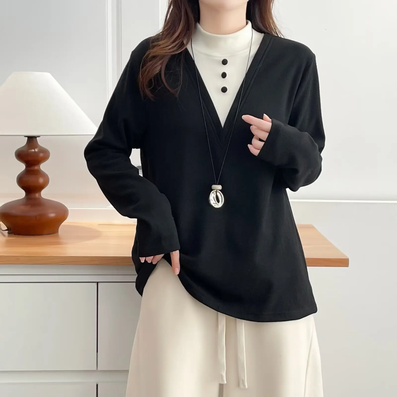 XXXXL mode grande taille femme vêtements T-Shirt automne hiver nouveau Style col montant polaire chaud à manches longues Base hauts 8650