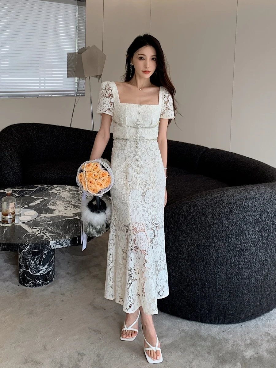 Fashion Square Collar Slim High Waist Dress for Women 2024 Summer New High-End Short-sleeve Elegant Lace Fishtail Long Dresses