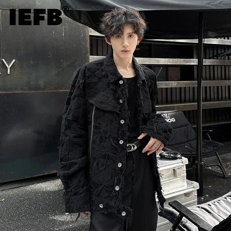 

IEFB Niche Design Men's Jackets Hole Row Edge Singe Breasted Solid Color Turn-dwon Collar Zipper Patchwork Male Clothing 9C6987