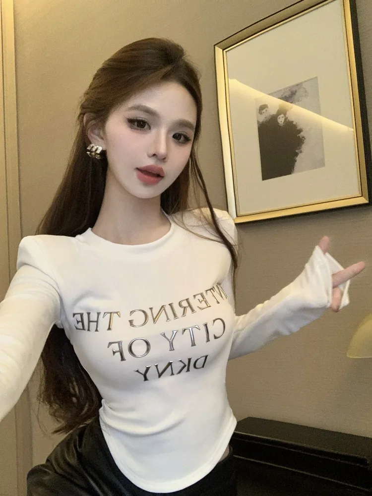 

Pure Desire Sweet Spicy Y2K Padded Shoulder Top Women's Autumn Winter American Rhinestone Long Sleeve T-Shirt Fleece Lined Ba...