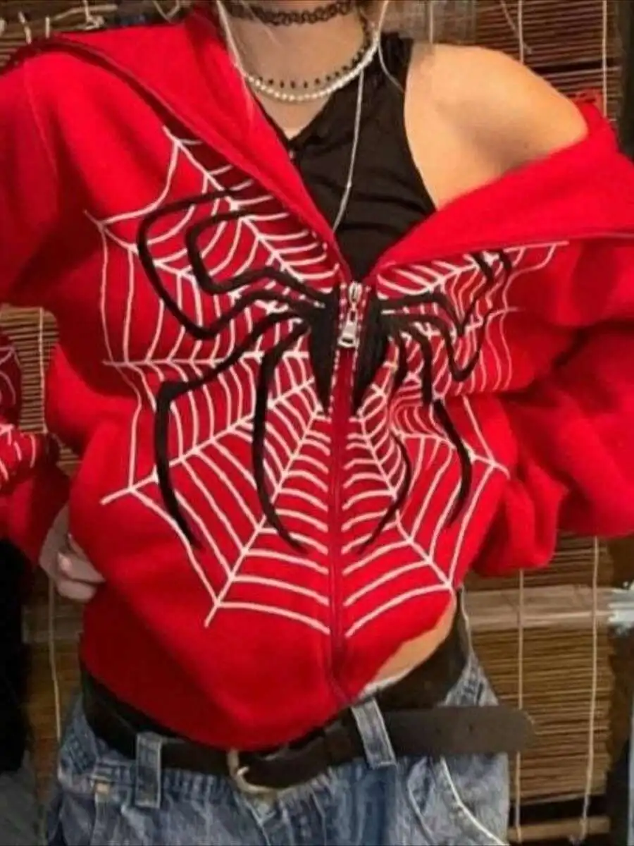 Gothic Spider Web Print Hoodie |   Oversized Full-Zip Punk Jacket |   Unisex Streetwear Coat
