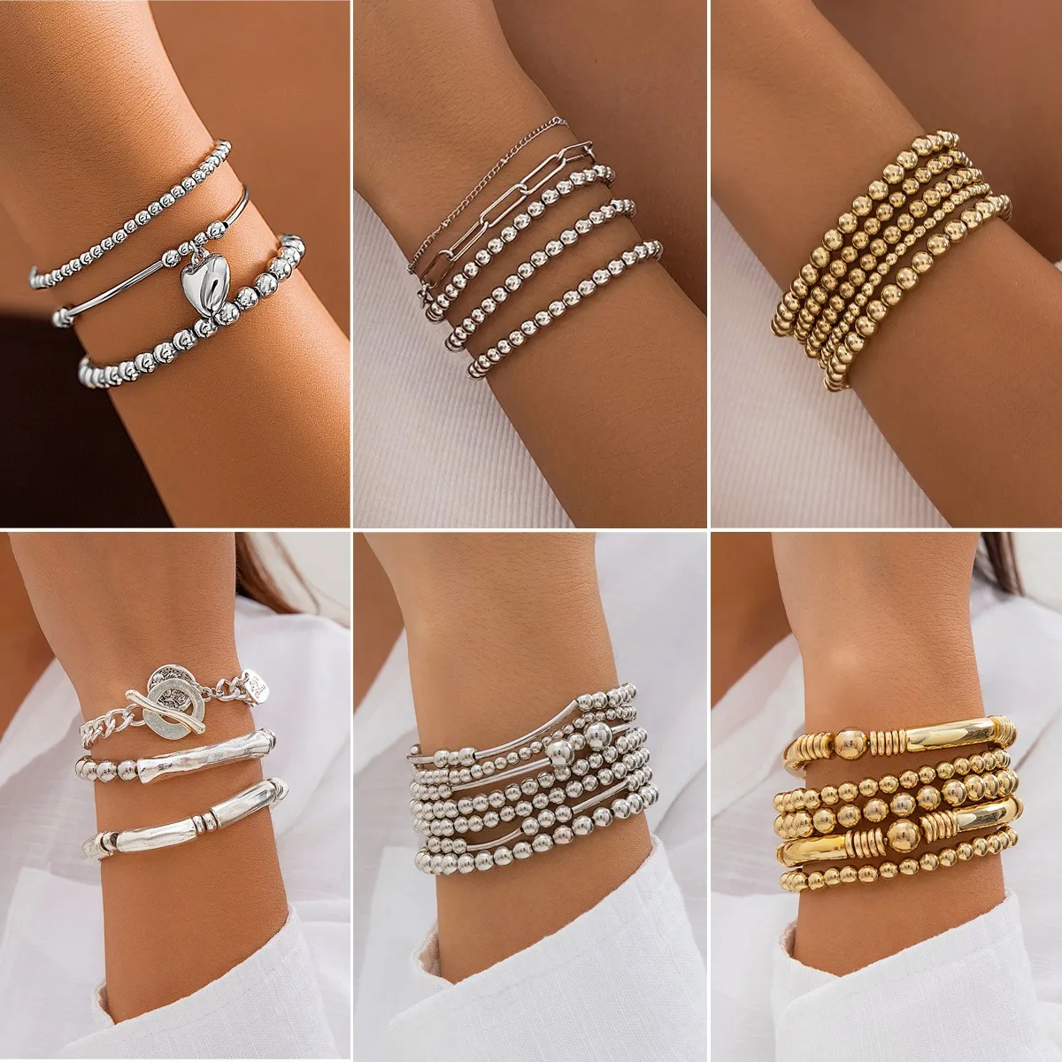 Sweet Cool Beaded Bracelet Hot Girl Ins Style Metal Heart Pendant Delicate Niche Design Stackable Wrist Jewelry