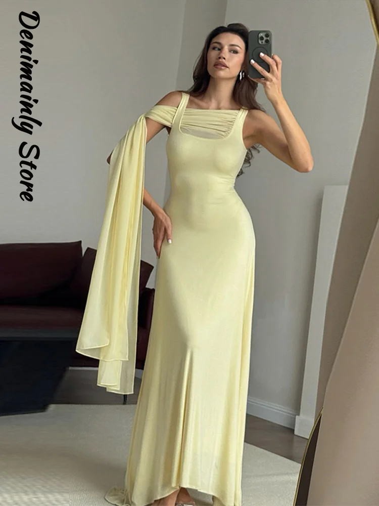 Luz amarela sem mangas maxi vestido feminino 2026 pescoço quadrado malha recorte um ombro cachecol formal festa de noite elegante baile de formatura robe