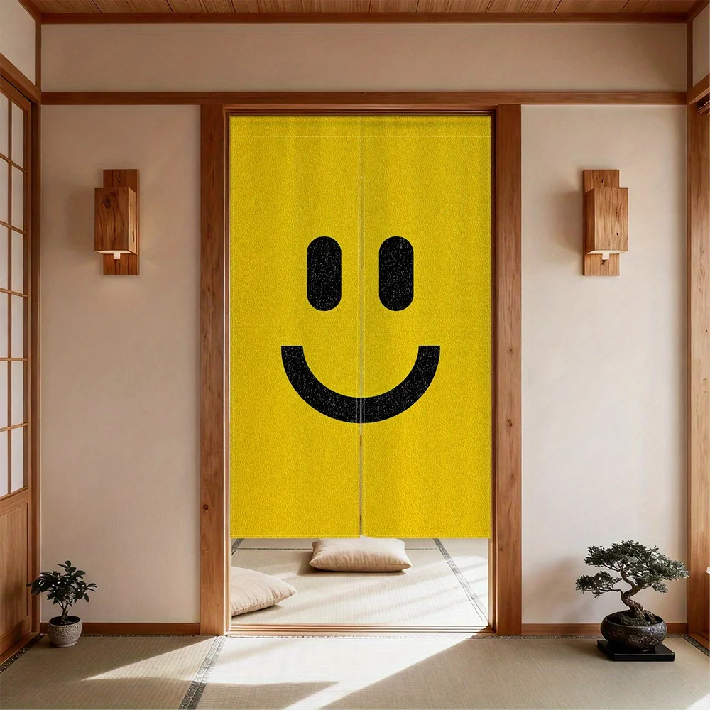 Cute Yellow Smiley Face Door Curtain - 2D Flat Print Rod Pocket Room Partition Drape for Kitchen Cafe Hallway Home Decor