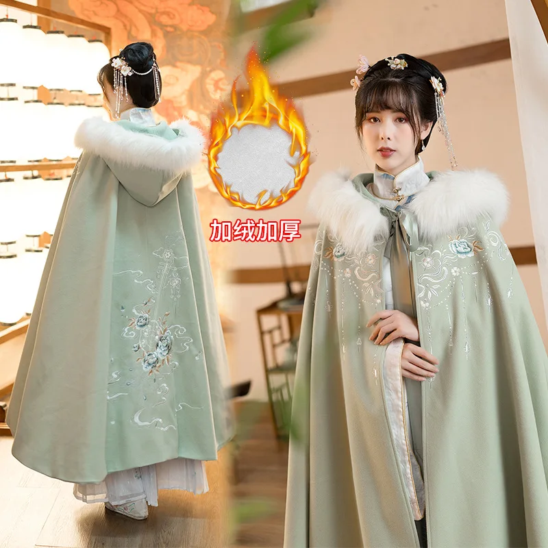 Manto de pelúcia hanfu feminino, estilo antigo, gola de pele, grossa, quente, estilo chinês, verde, outono, inverno