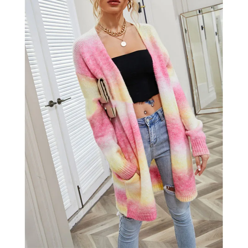 Autumn Winter New Women\'s Fashion Slash Neck Cardigan Rainbow Tie Dyeing Pockets Spliced Long Sleeve Loose Casual Sweaters Tops