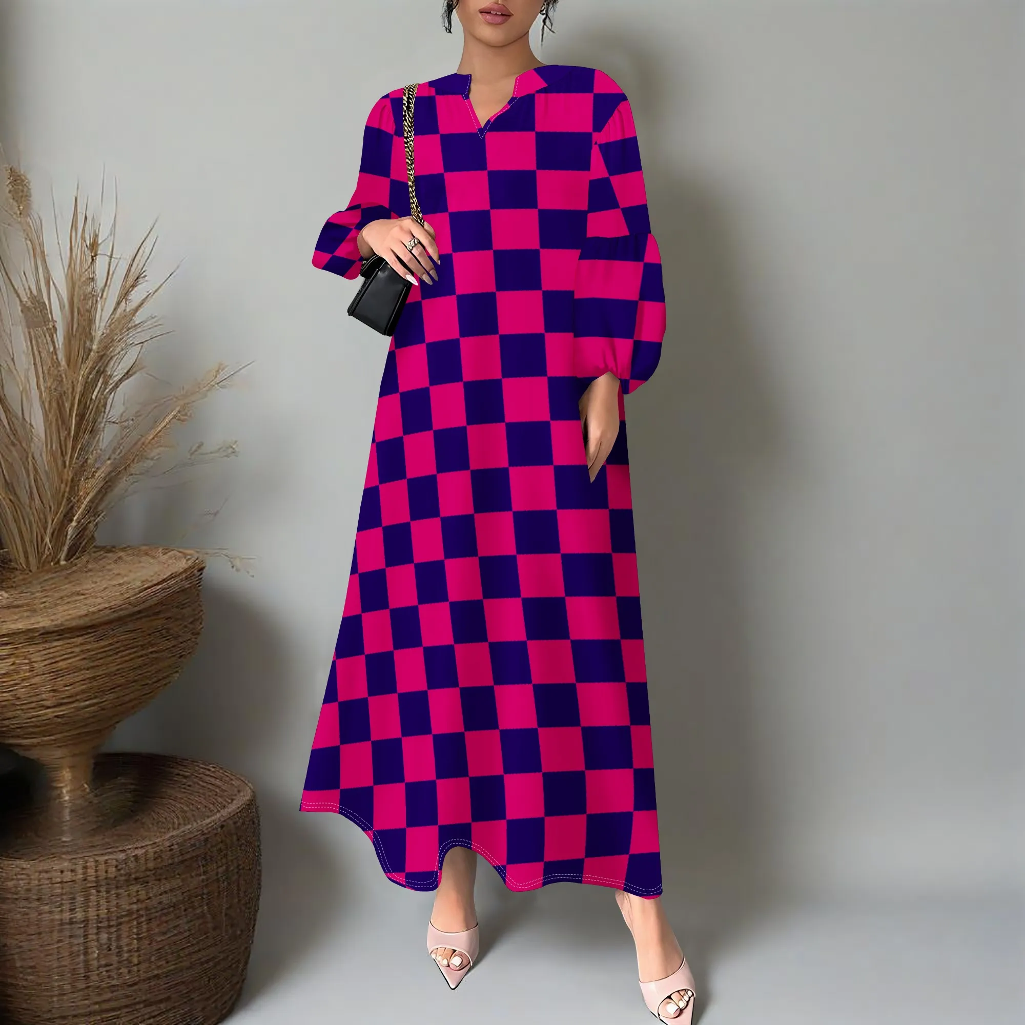 

Women’s Checkered Print Maxi Dress XS-3XL Loose Fit Long Sleeve V Neck Flowy Dress Autumn Winter 2025 Casual Outfit