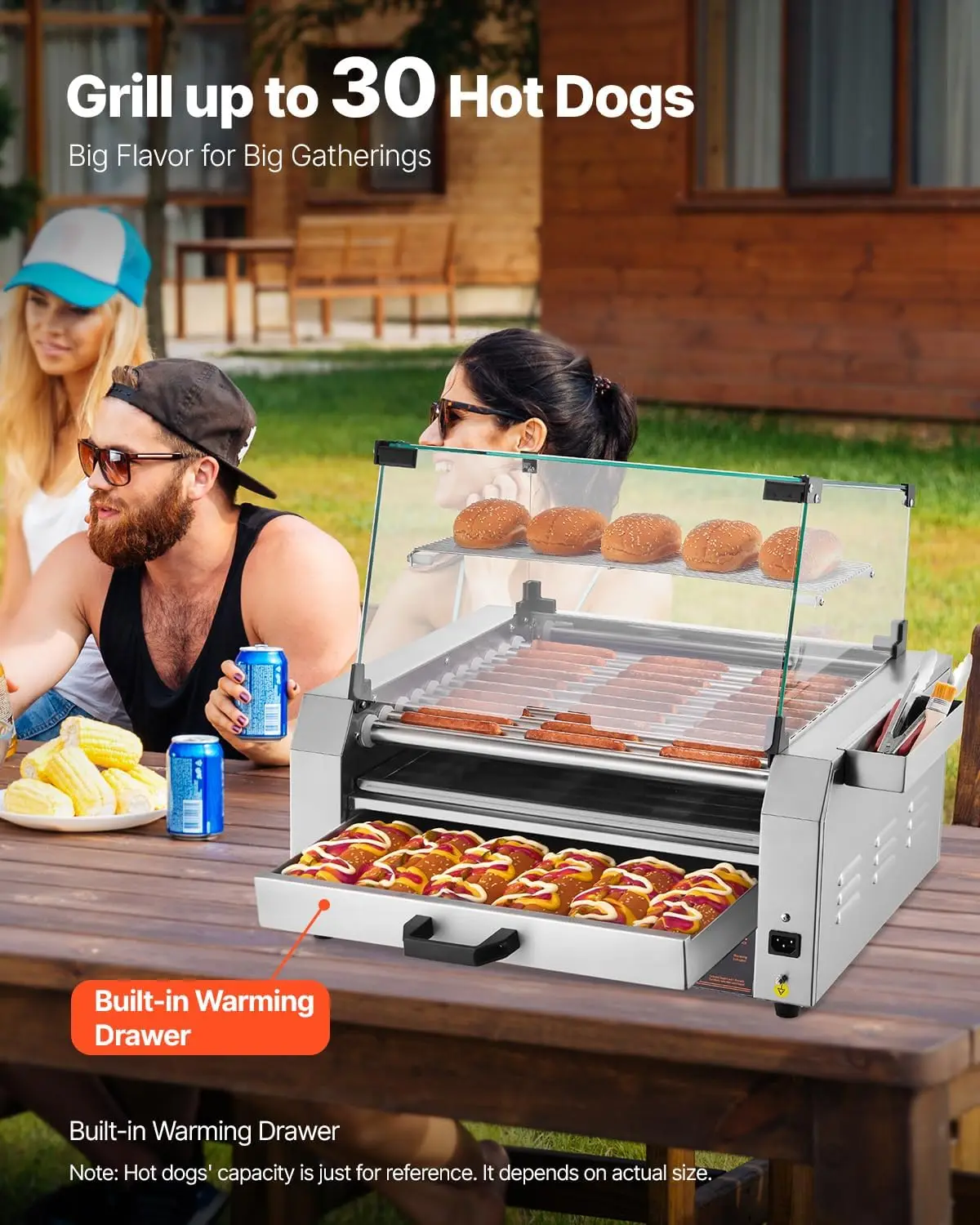 Hot Dog Roller, 30 Hot Dog 11 Rollers, Stainless Steel Sausage Grill Cooker, 1950W Hot Dog Machine with Bun Warmer, Cover, 3 Tem