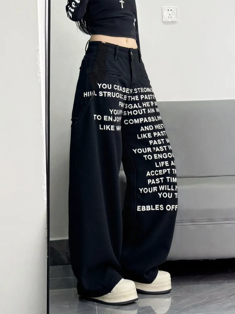 Women's Alphabet Print Pattern Wide Leg Retro Black Pants Unisex Style Bottoms Female High Waist Casual Street Trousers