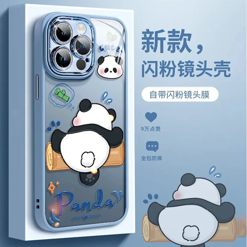 

cute naughty panda phone case for iPhone 11 12 13 14 15 16 17 Pro Max case Luxury Bling camera lens protection transparent cover