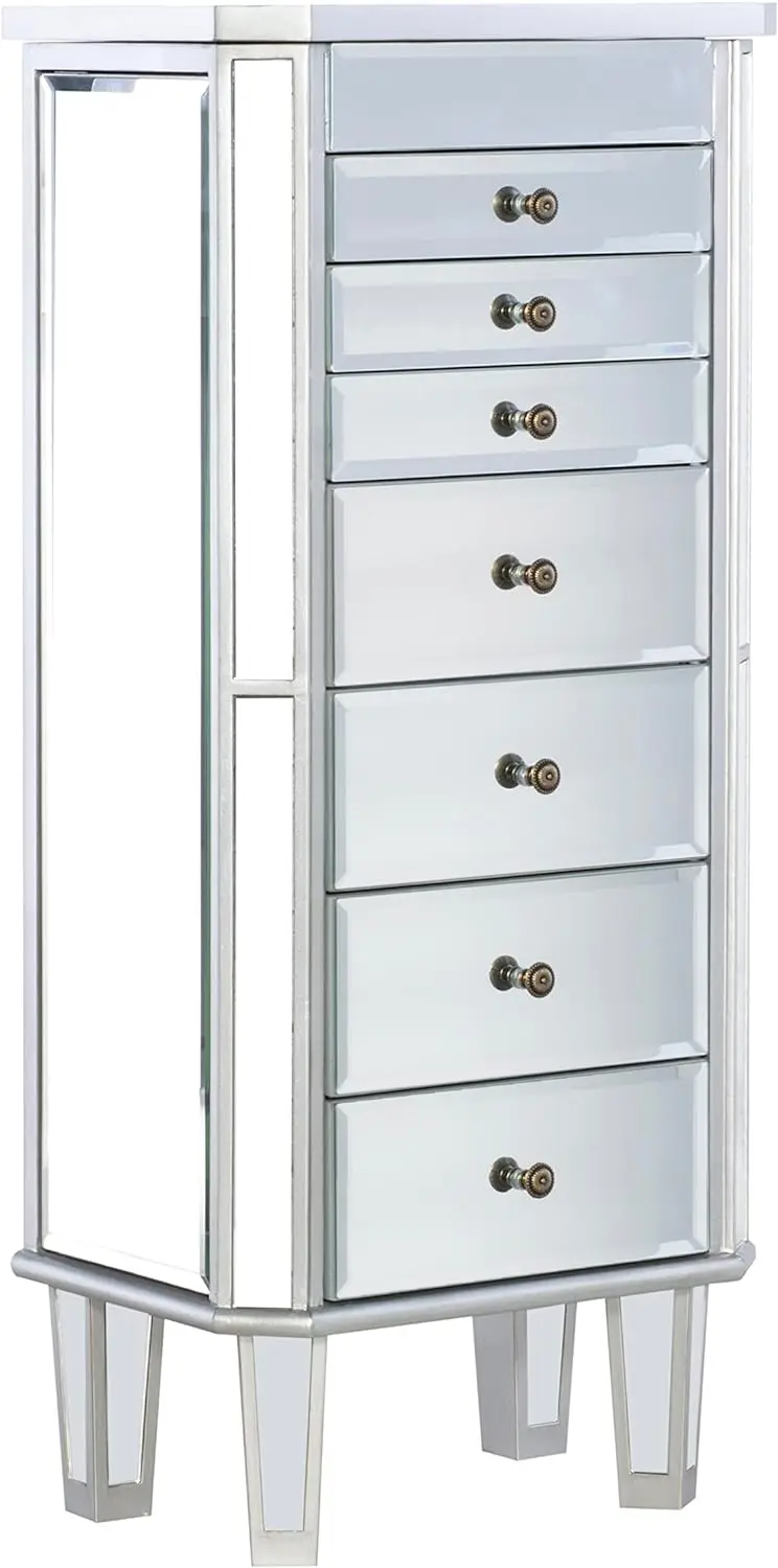 Silver Mirrored Jewelry Armoire Wood Finish Necklace Box Storage Compartments Freestanding Drawer Lined with Felt Flip-Up Mirror