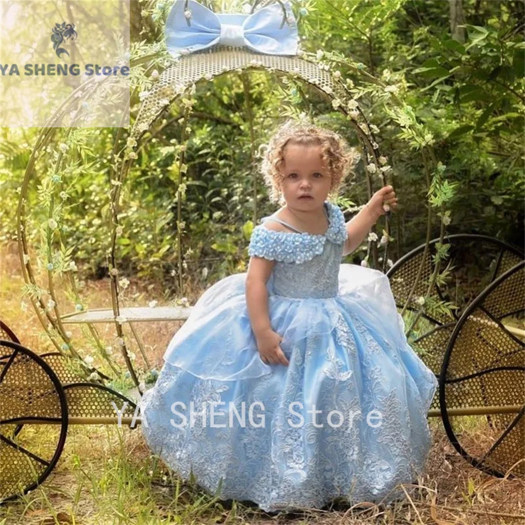 

Lace Flower Girl Dresses For Wedding 3D Appliqued Ball Gown Toddler Pageant Gowns Tulle Pearls Peplum Kids Birthday Dress