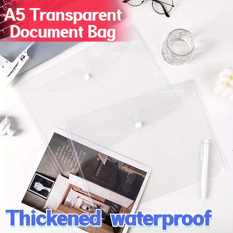 14pcs A5 Clear Envelopes, Durable PP Snap Button Document Bags, Waterproof Storage Pouches for Office and Receipt Organization