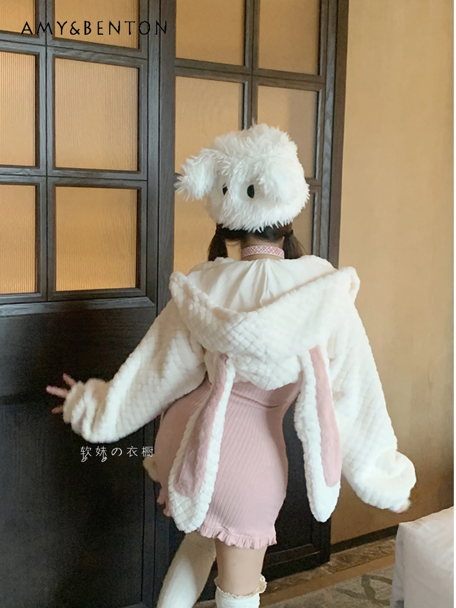 Sweet Cool Hot Girl Long Rabbit Ears Hairball Pendant Short Plush Jacket Sexy Mini Suspender Dress Two-piece Set Autumn Winter