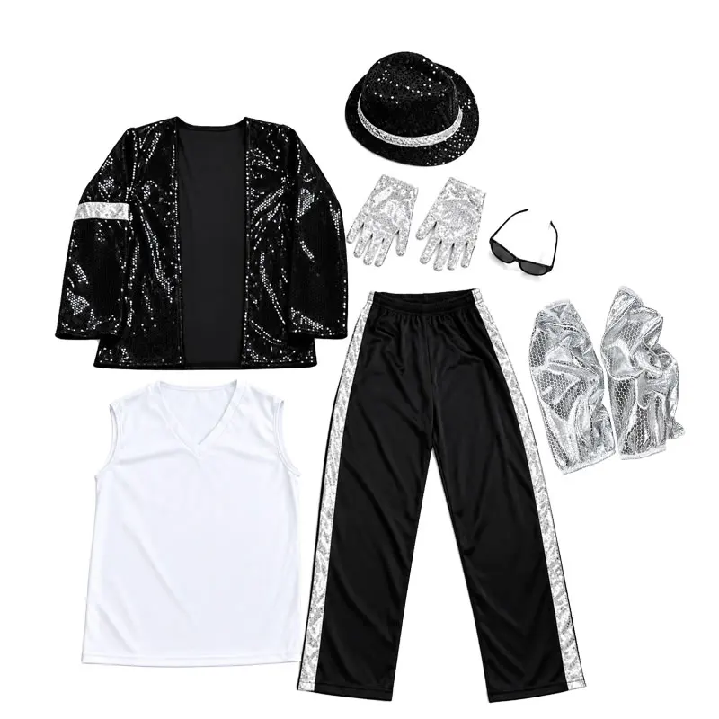 Halloween Michael Jackson Costumes Kid Men Set 80s 90s Pop Star Dance Party Outfit Coat+Pant+T Shirt+Glasses+Gloves 6PCS