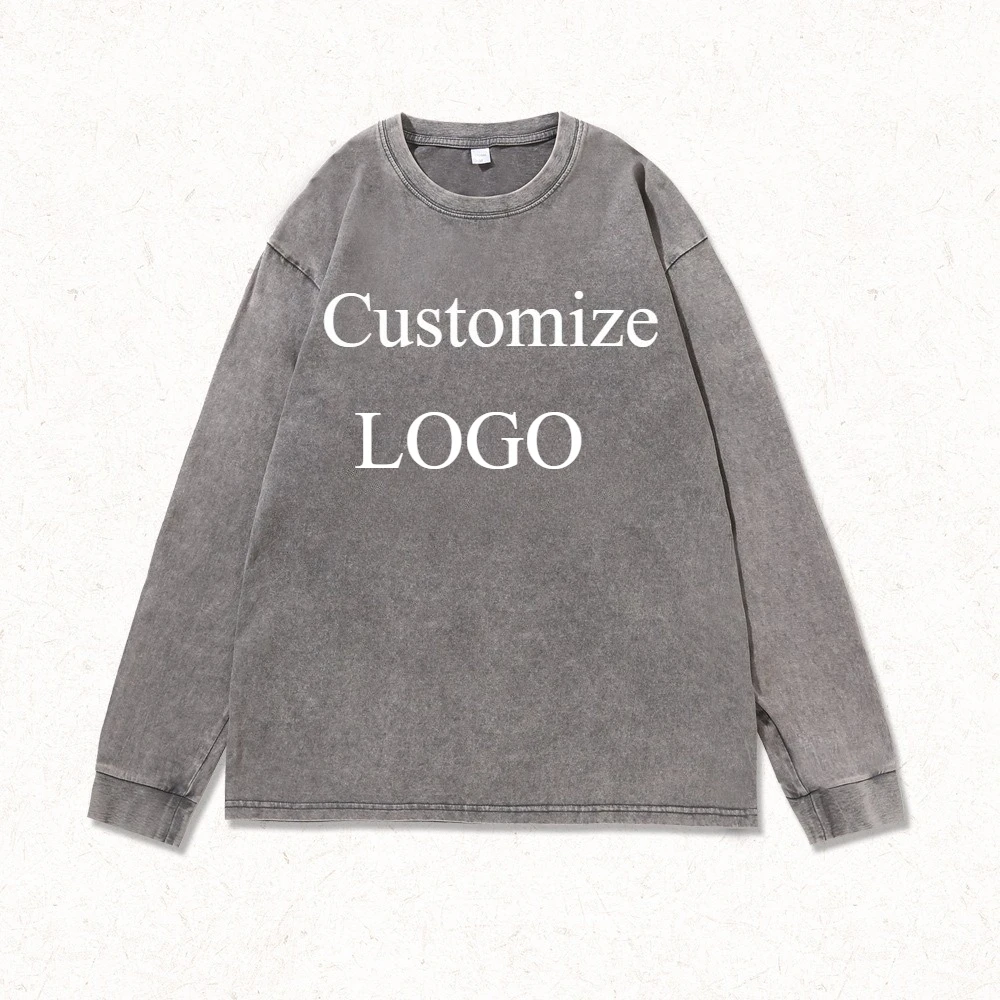 Customized LOGO Men Women T-Shirt 100% Cotton Retro Washed Tee Hip Hop Style Couple Long-sleeved Shirt Streetwear DTG Printing