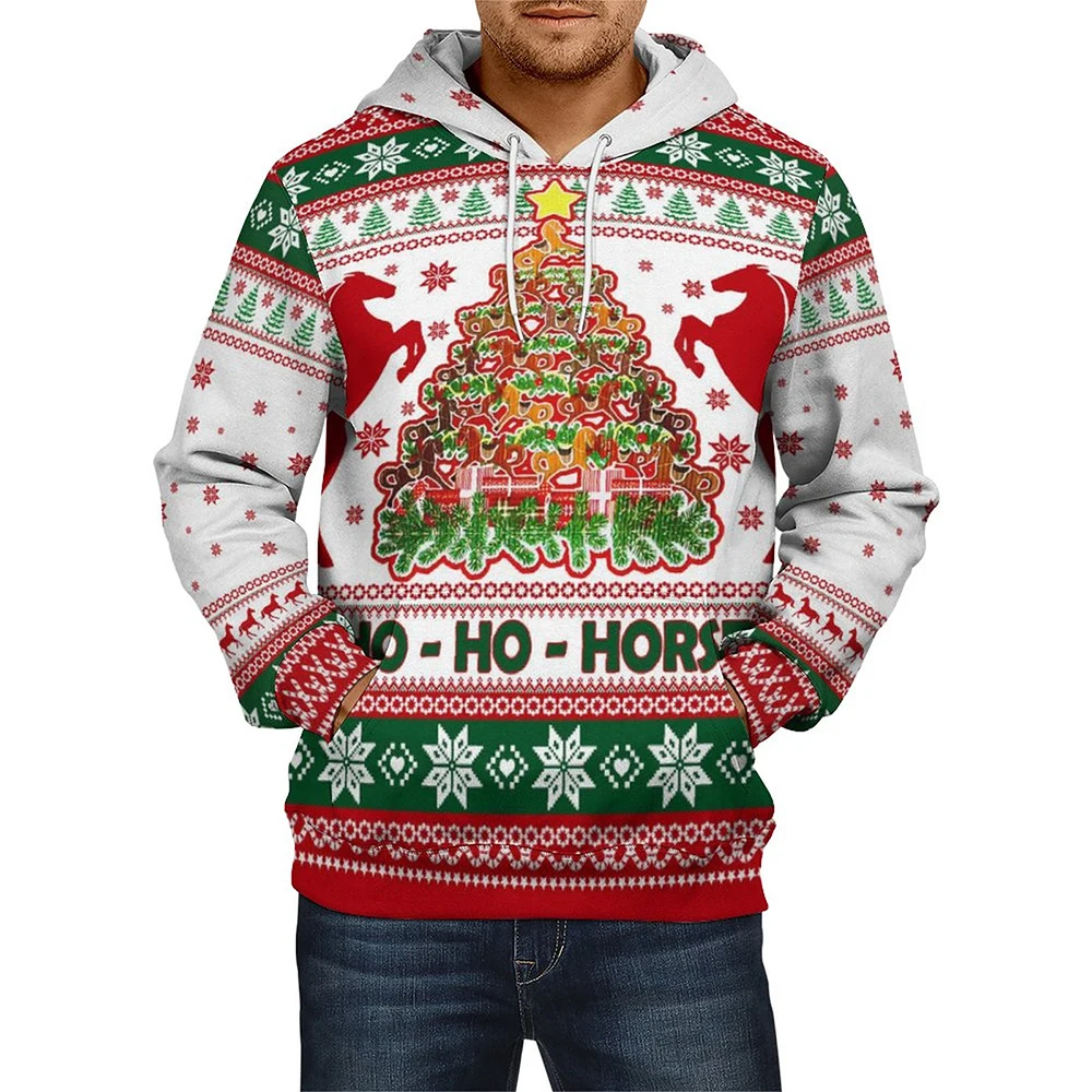 Jumeast 3D Christmas Horse Printed Men Hoodies Cartoon Bulldog Casual Hooded Sweatshirts YK2 Tree Coats Youth Festival Clothing