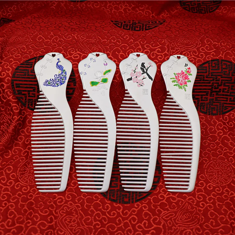 

Sterling Silver 999 Health Comb for Girlfriend Mother Wife Peacock Lotus Peony Plum Blossom Mother and Child Mandarin Duck Gift