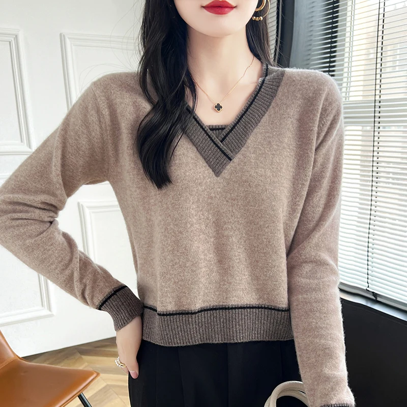 Krótki wełniany sweter damski Pullover Cross V-Neck Long Sleeved 2024 Autumn Winter New Item Color Blocking Fashion Warm High-End