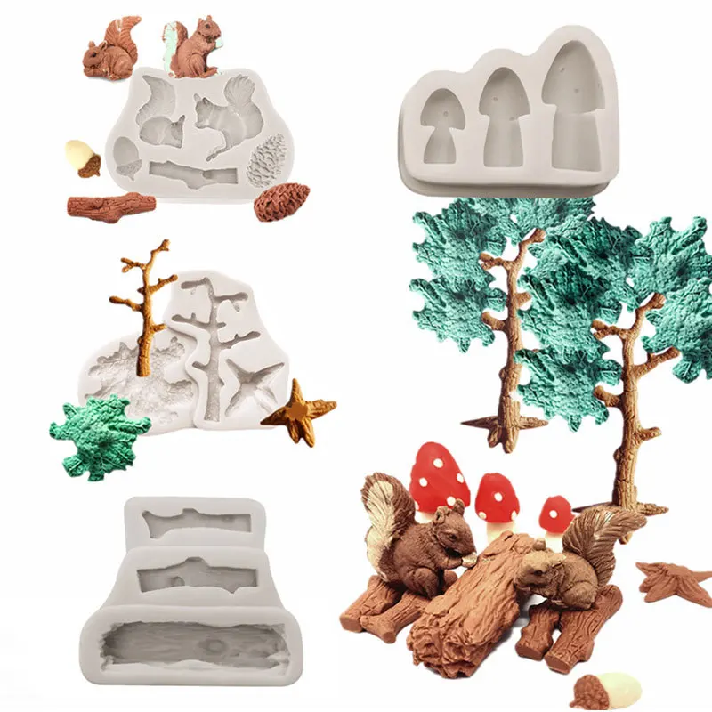 Forest Animals Silicone Molds Squirrel Chocolate Candy Mould Stump Pine Cones Tree Trunk Fondant Cake Decorating Tools M449