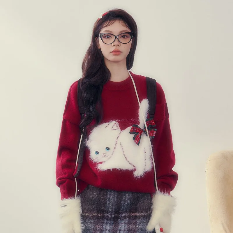 Sweet Bow Christmas Sweater Women Korean Round Neck Soft Glutinous Cat Cute Academy Loose College Winter Festival Lady Knitwear