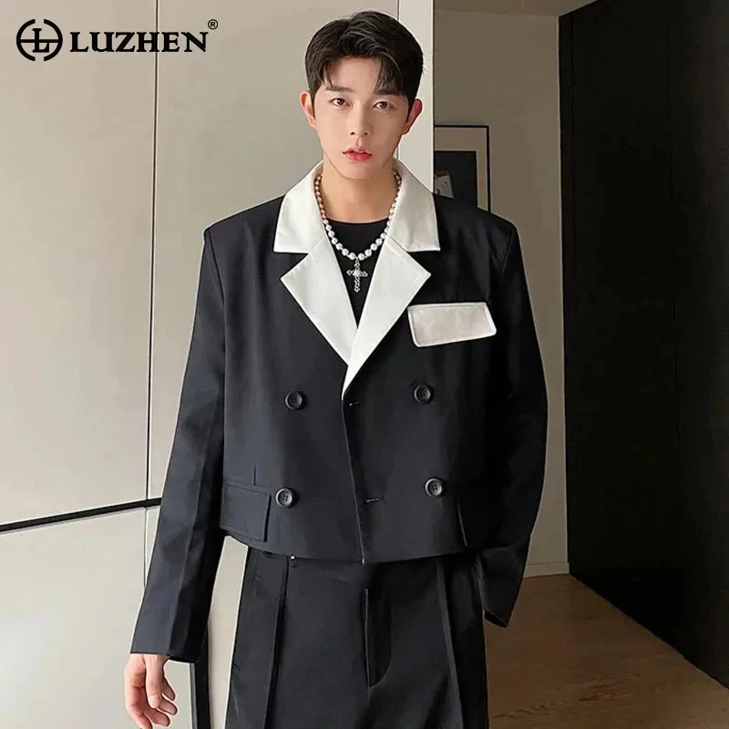 LUZHEN Korean Original Fashion Color Contrast Collar Design Short Blazer Coat Men\'s 2024 New Casual Trendy Elegant Jacket LZ3065