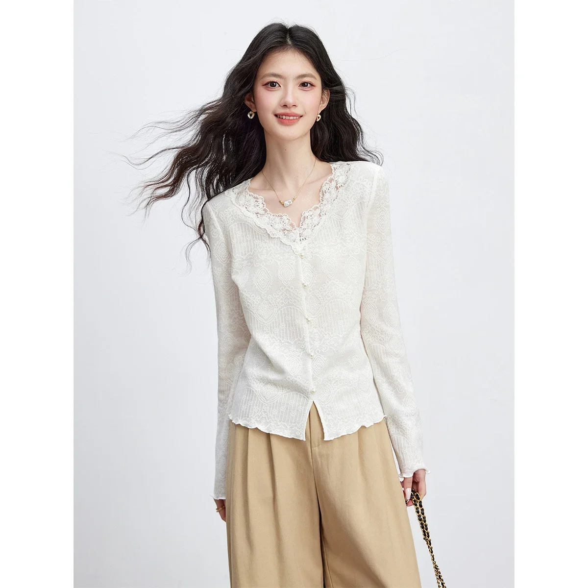 VIMLY Long Sleeve T-shirt for Women 2026 Autumn New Textured French Ruffle Apricot Pullover Fashion Long Sleeve Top Ladies A3981