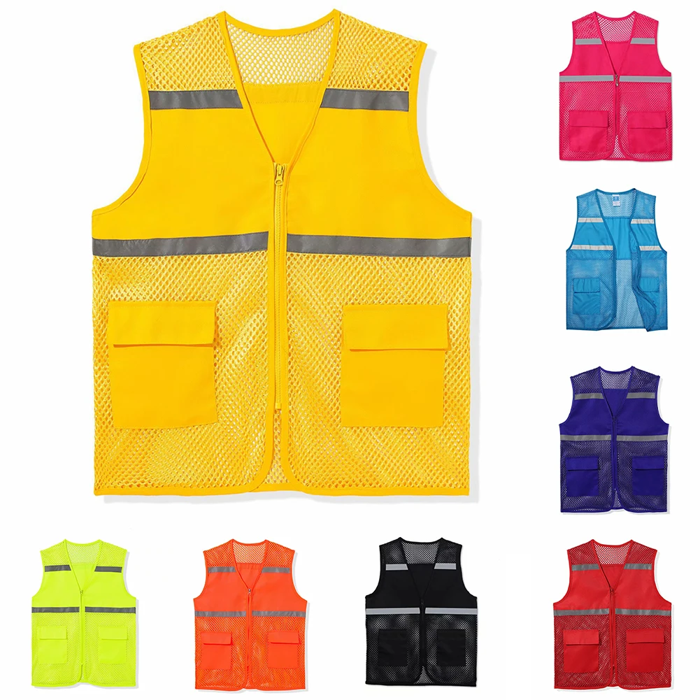 Men Women Daily Workwear Mesh Vest Breathable Reflective Strip Printed Casual Volunteer Waistcoat Clothing