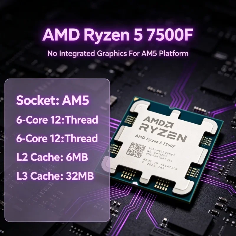Cool Quiet CPU AMD Ryzen 5 7500F 65W TDP Air Cooling 6 Core 12 Thread 32MB L3 AM5 Processor for Silent Office PC