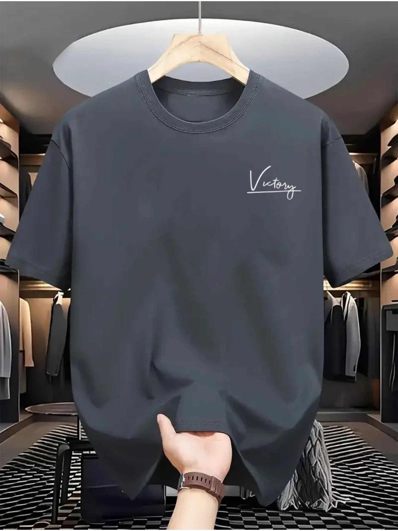 Men's Summer 100% Pure Cotton Fashionable Casual Sports Loose Victory Letters Printed Round Neck Short Sleeved T-Shirt Top