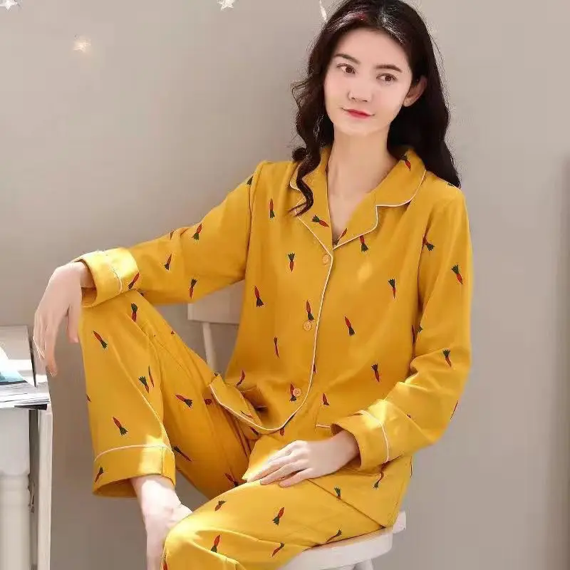 Print Sleepwear Women Pajama Sets Long Sleeve Long Pants Homewear Sets Kawaii Clothes Korean Fashion Cardigan New