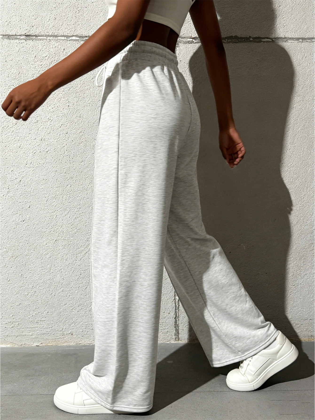 Neue Damen-Sweatpants mit weitem Bein, Streetwear, hohe Taille, baggy, graue Sporthose, Damen-Jogginghose mit Kordelzug, lässige, lockere Hose – Detail 5