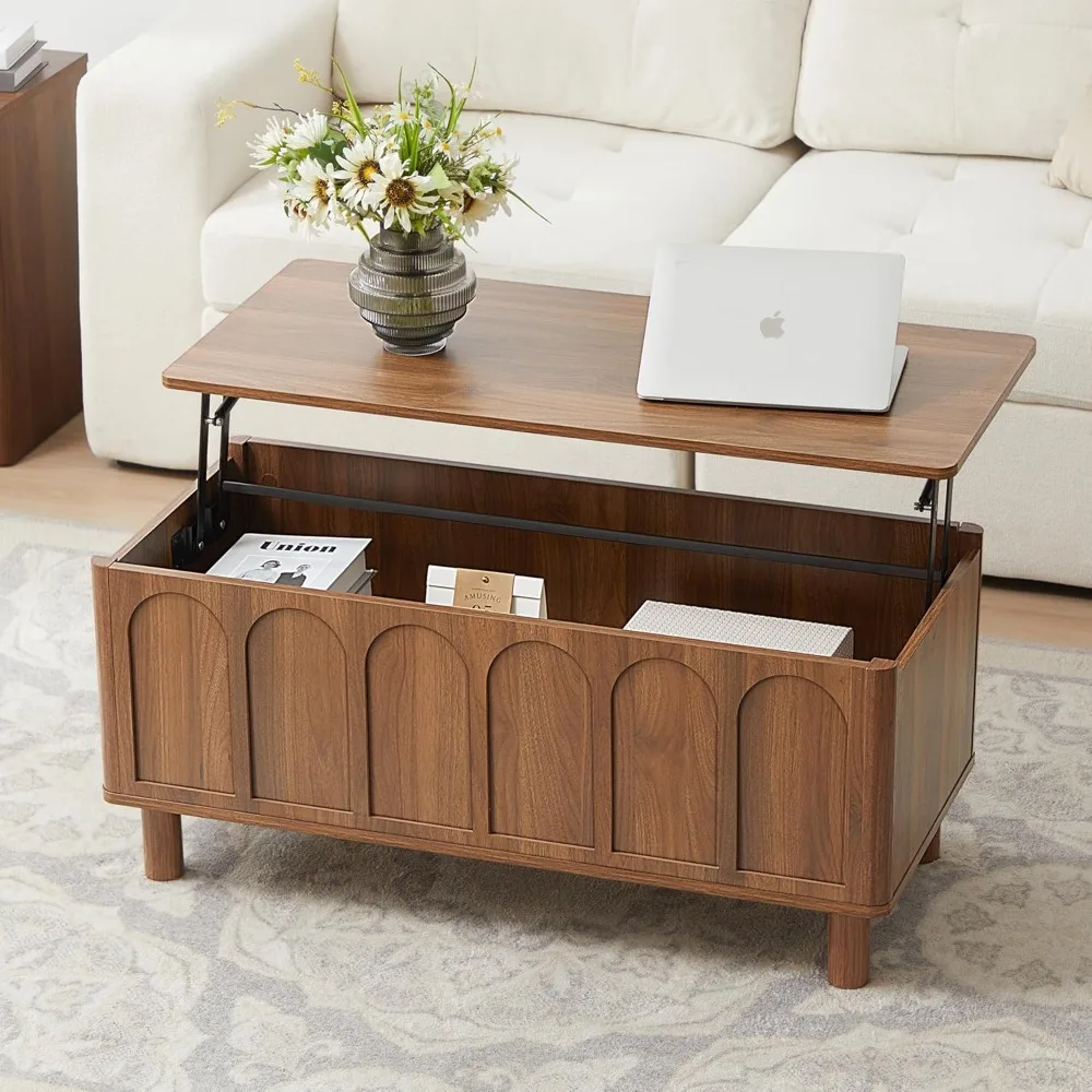 Lift Top Coffee Table with Arched Finish, Modern Coffee Table with Lifting Tabletop & Hidden Storage, Wood Center Tab，Customized