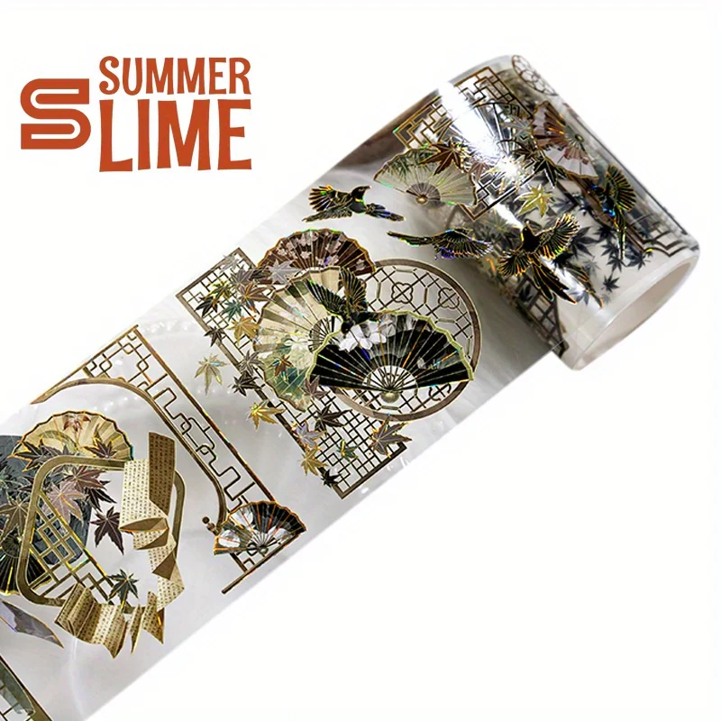 2m Laser Golden Foil Chinese style PET Washi Tape Vintage Fan Transparent Stickers Decor Adhesive Tape For Scrapbooking Journal