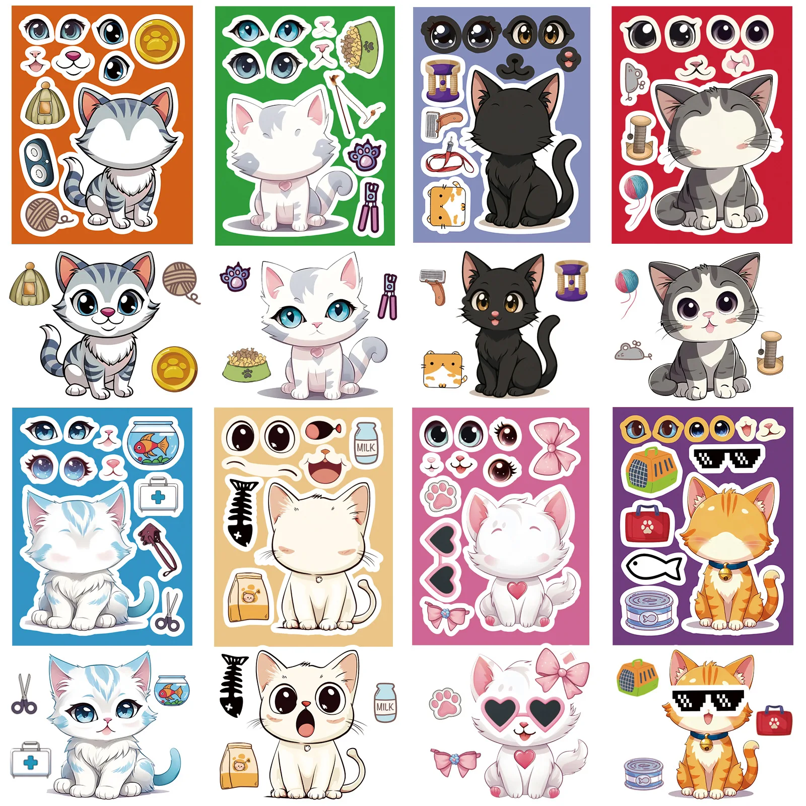 8/16Sheets Cute Cat Puzzle Stickers Kids DIY Kitty Cartoon Assemble Jigsaw Decoration Decal Funny Party Game Boys Girls Toy Gift