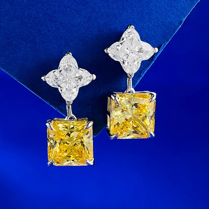 S925 sterling silver new imported high carbon diamond yellow diamond 10 * 10 square geometric inlaid earrings temperament style