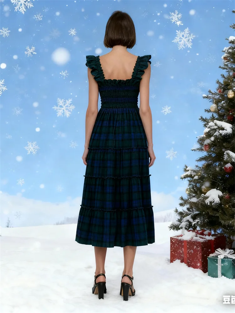 Women Sleeveless Dress Summer Casual Plaid Print Ruffled A-Line Party Dress for Beach Club Y2K Holiday Streetwear