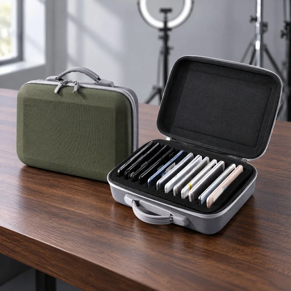 Hard Shell Storage Case For 12 Mobile Phones Shock Absorbing 900D Oxford Bag With Handle For Smartphone Organization Transport