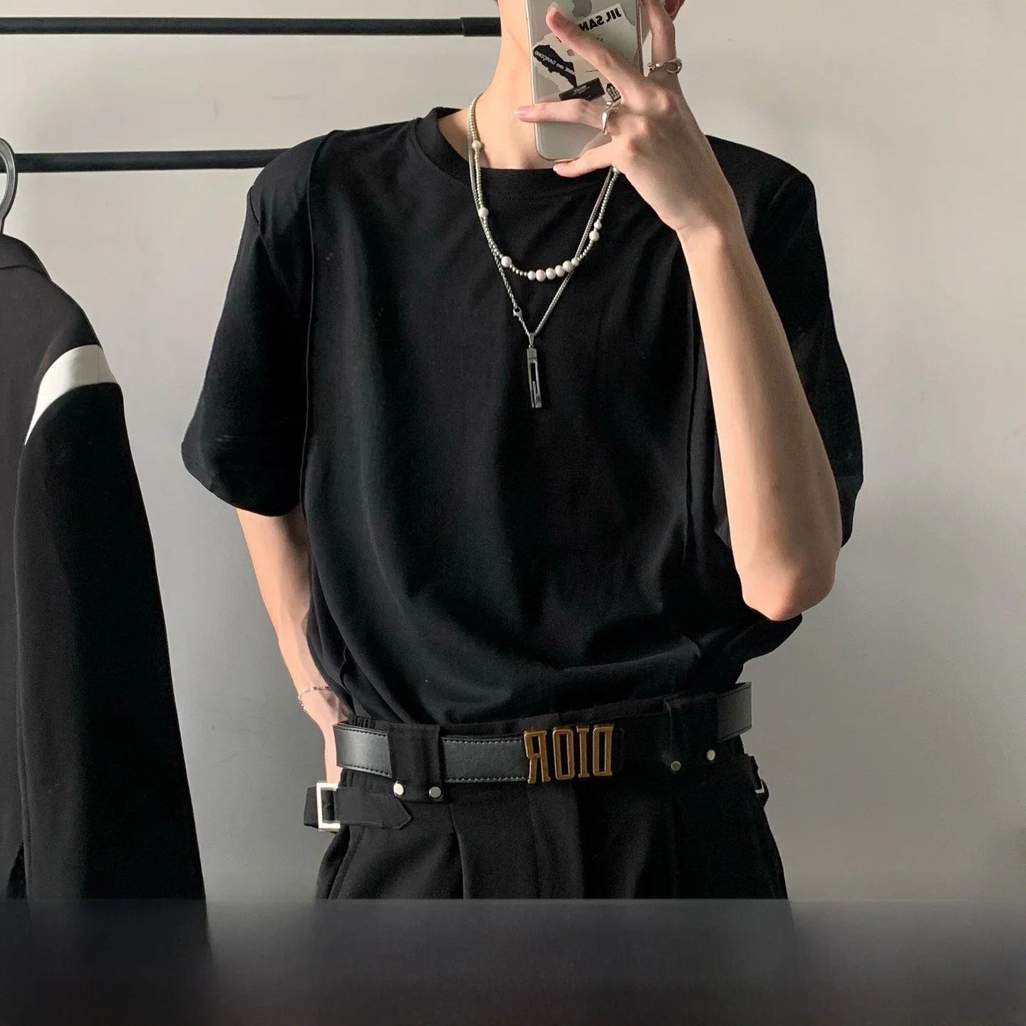 Loose Shoulder Pad T-Shirt Men Summer Lightweight Pure Color Short Sleeve Korean Style round Neck Casual Fashion Top