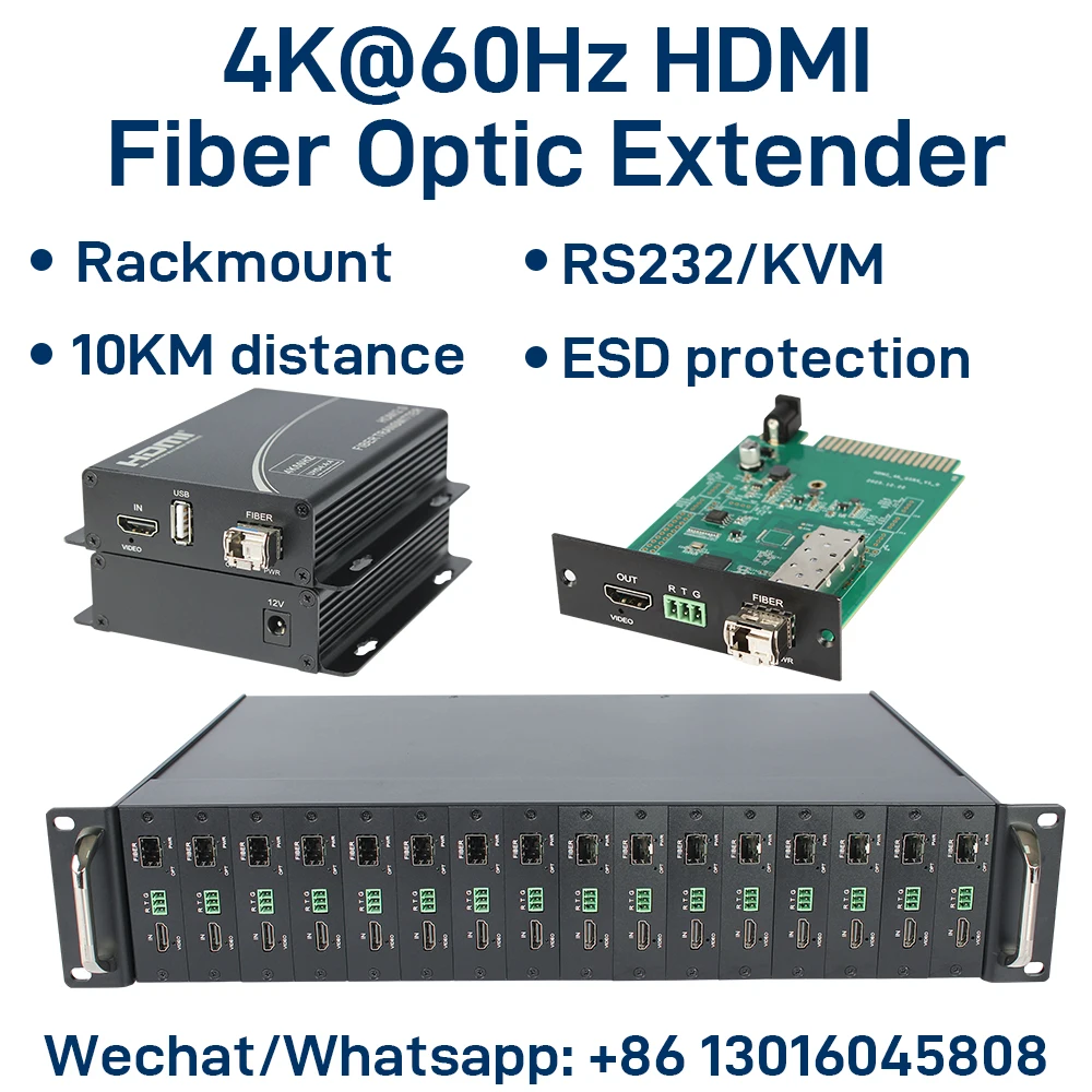 

4K@60Hz HDMI 2.0 Fiber Optic Extender with RS232 / USB KVM, Uncompressed 10Gbps Over LC Single-Mode Fiber up to 10KM, EDID