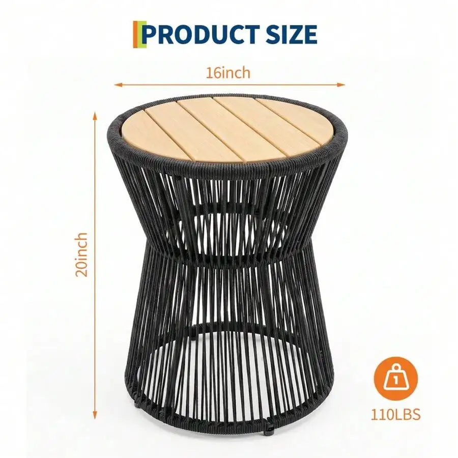 Home Outdoor Small Side Table, 20 In Patio Rattan End Table With Wood Top Round Coffee Table For Living Room Outdoor Patio Backy