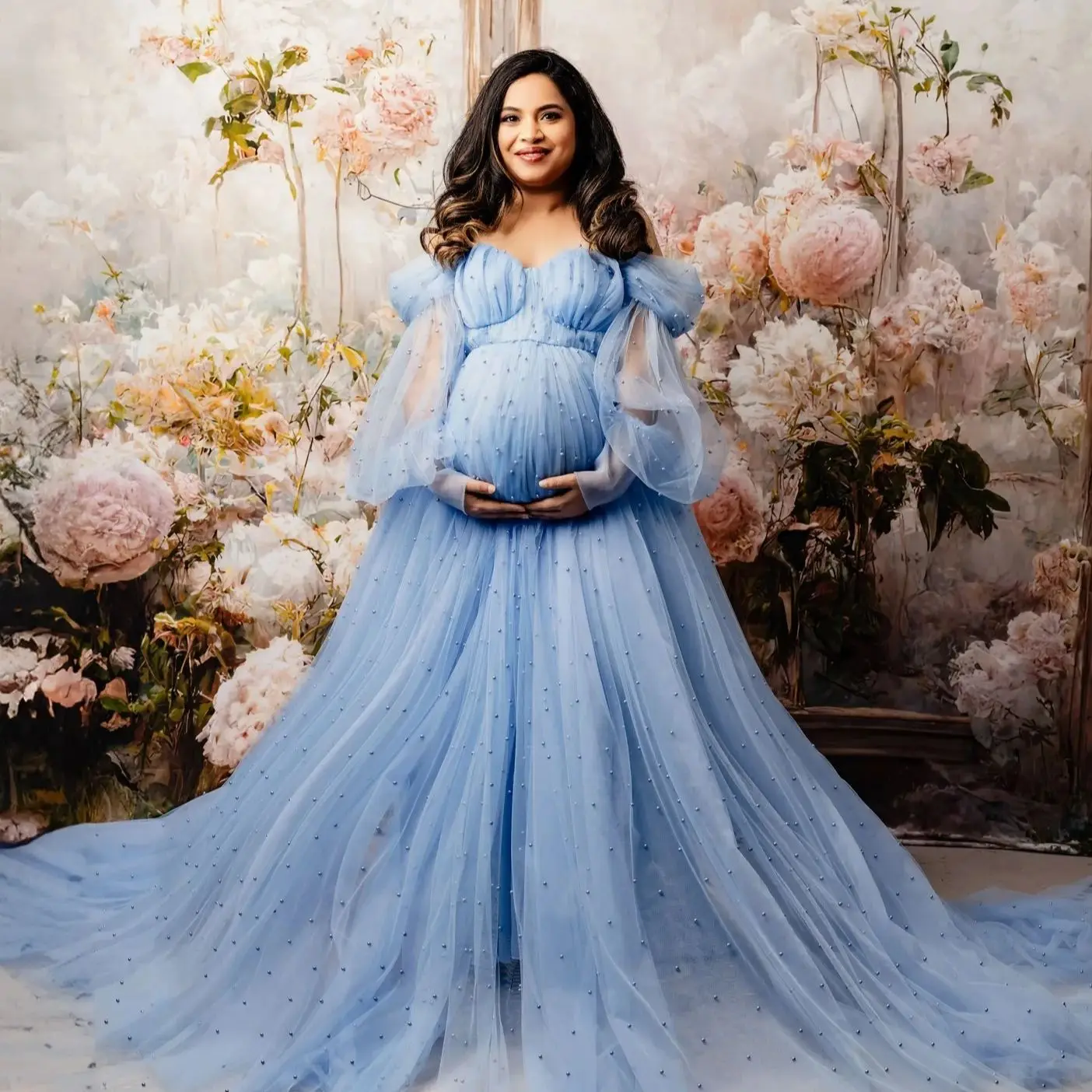 

Customized Blue Maternity Dresses for Photo Shoot Baby Shower For Women Ruffles Vestidos De Gala Pearls Pregnancy Dress