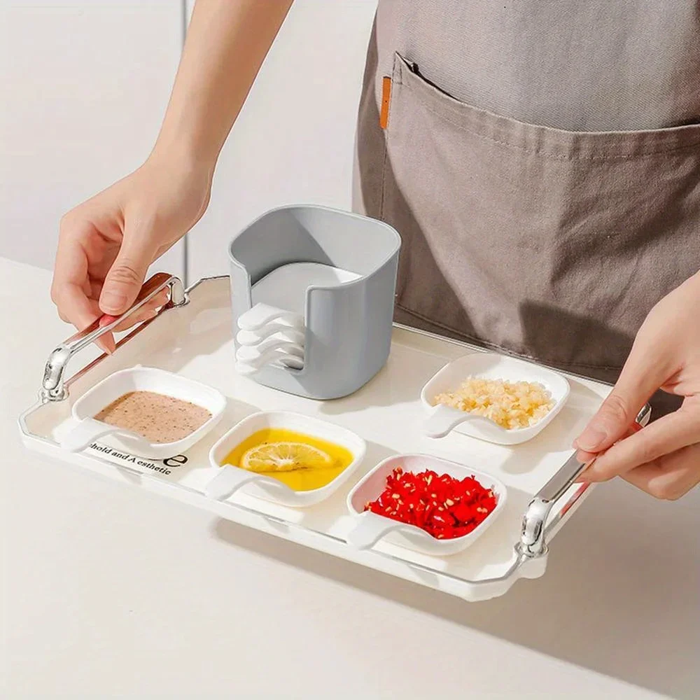 7Pcs Square Condiment Sauce Dishes with Handle Plastic Dipping Bowls Set Small Appetizer Plates for Pickle Seasoning & Bone