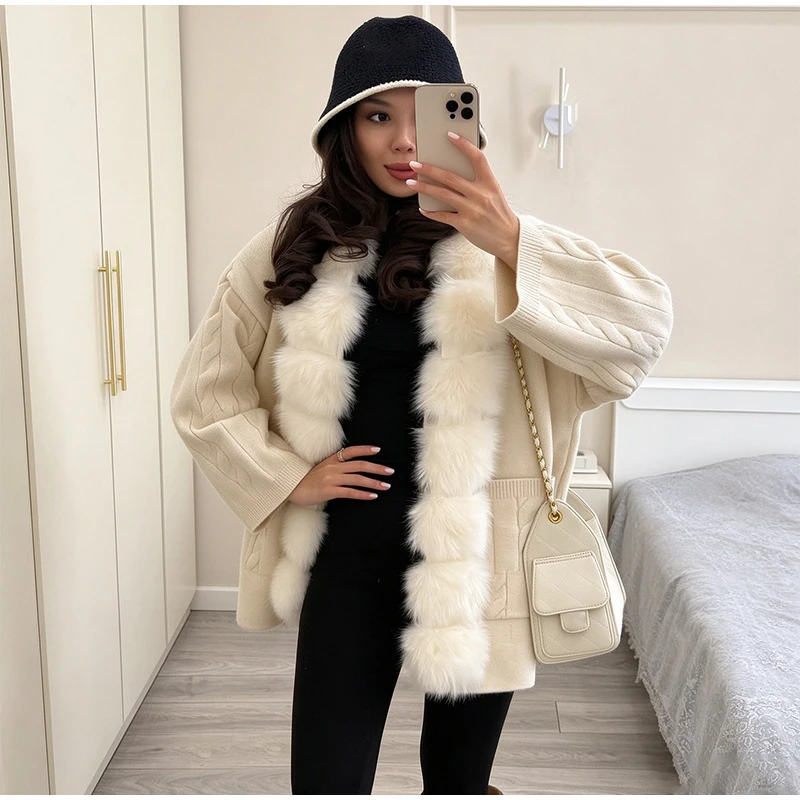 Cable Knit Cardigan with Faux Fur Collar — product details 29