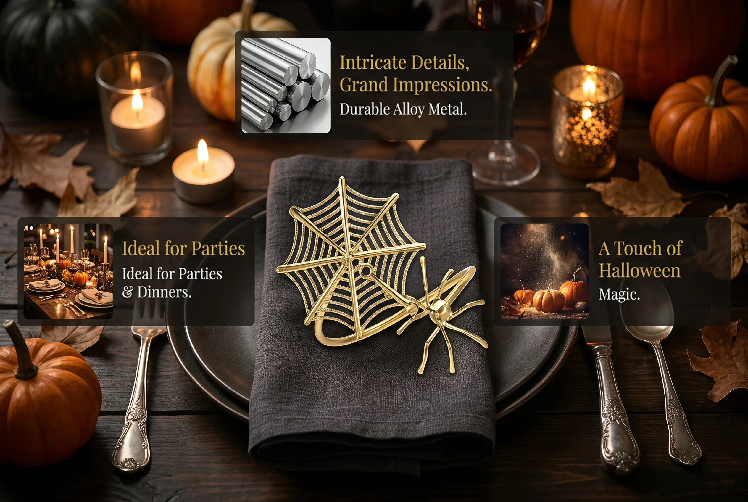 4Pcs Halloween Party Napkin Rings Alloy Napkin Decoration Spider Theme Scary Fun Office Restaurant Bar Cafe Use