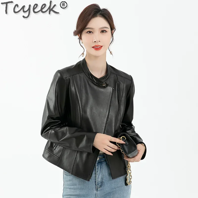 Tcyeek jaket kulit asli untuk wanita, mantel kulit domba warna hitam, jaket musim semi musim gugur 2024