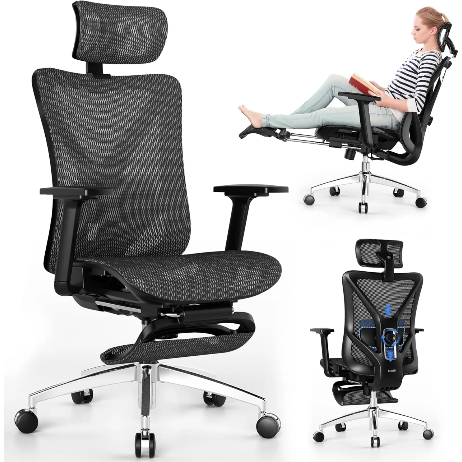 

US Ergonomic Office Chair with Adjustable Lumbar Support, 3D Armrests & Headrest, 135° Reclining Chair with