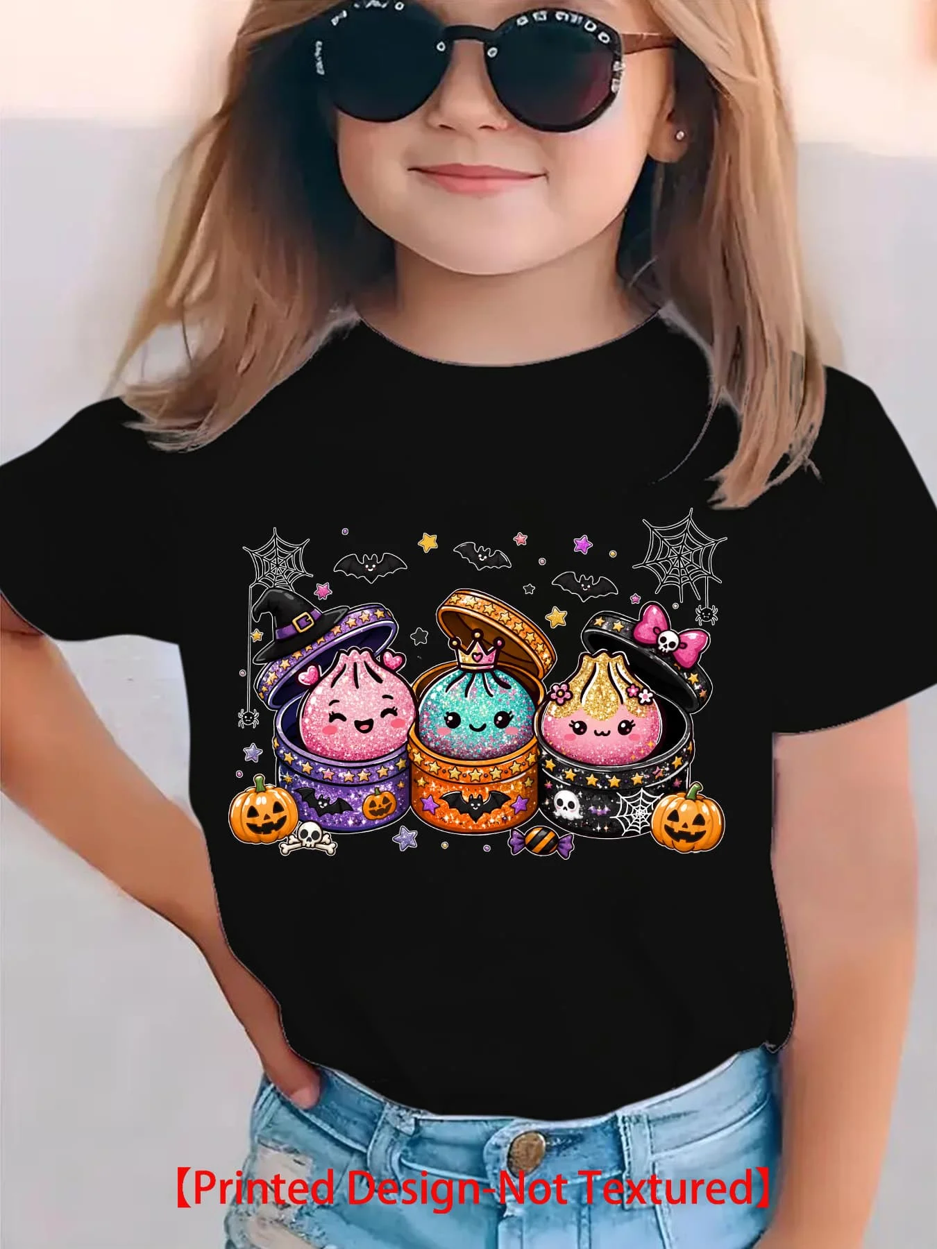 [Print Design-Not Textured] Halloween Summer Fashion Girls' Short Sleeve T-Shirt Spider Web, Bat And Little Cage with Witch Hat Cartoon Pattern Print Casual Versatile Top NY-DX10192