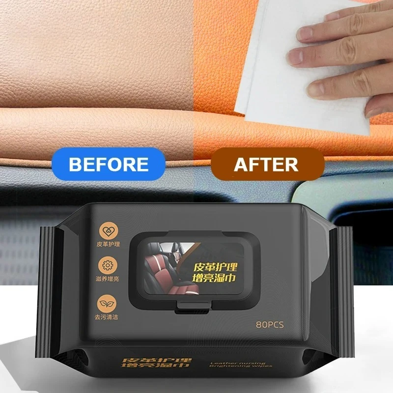 80PCS Car Interior Cleaning Wipes Multi-Function Leather Brightening Care Wipes For Dashboard Seat Auto Wash Accessories